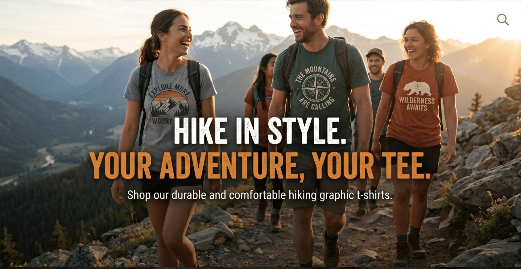 Group of hikers on a mountain with promotional text overlay for Vandra  hiking t-shirts.